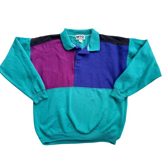 Vtg 1990s MTO Colorblock Teal Collared Sweatshirt Large - Picture 1 of 7